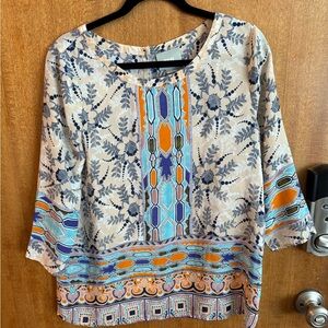 Maeve Blue and Orange Floral Boho Blouse from Anthropologie